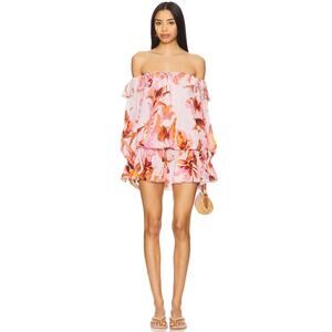 ROCOCO SAND Off Shoulder Mini Dress in Black Multi Fob